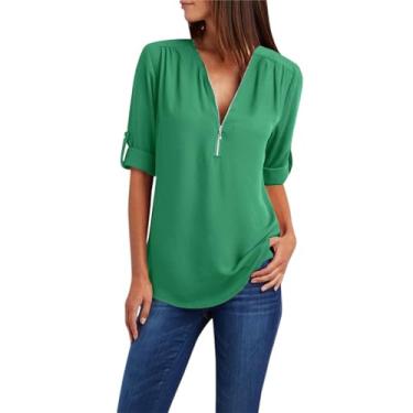 Imagem de Camisetas femininas de manga curta enroladas com zíper e gola V, blusas femininas de chiffon cor sólida casual de verão blusas elegantes soltas, Verde, 5G