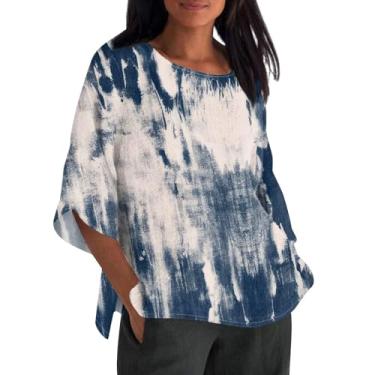 Imagem de Camiseta feminina de linho com estampa floral, manga 3/4, gola redonda, caimento solto, confortável, túnica vintage, Azul, G