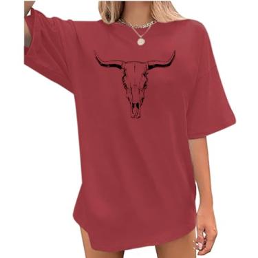 Imagem de Wrenpies Camisetas femininas Western Cow Skull Oversized Cowgirl Camiseta Country Graphic Tees Vintage Rodeo Camisetas Casuais, Café vermelho, G