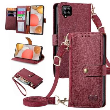 Imagem de Furiet Capa carteira para Samsung Galaxy A42 5G Bolsa de bolso com zíper com alça de pulso, suporte de couro PU flip fólio porta-cartões acessórios capa para celular para A 42 G5 42A S42 4G 2021 vinho