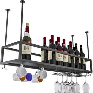 Imagem de Rack de vinho suspenso, suporte de vidro de vinho de teto de metal, prateleira de vinho de altura ajustável, suporte de garrafa de vinho, exibição vintage, taças de champanhe, racks de bar,