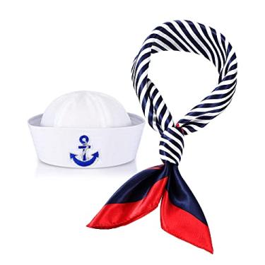 Imagem de Geyoga Conjunto de chapéu de marinheiro e cachecol para mulheres e homens, azul marinho com chapéu de marinheiro branco, chapéu de capitão, cachecol de marinheiro para fantasia (estilo fofo)