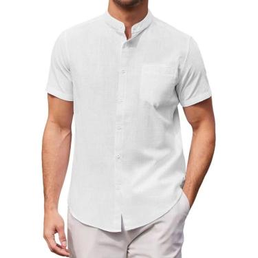 Imagem de Camisa de praia, camisas masculinas de manga curta, algodão, linho, gola alta, camisa plus size, camisa casual de verão, camisas de praia com botões, vestido de praia tropical, camisas diári