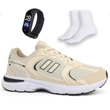 Imagem de Tênis Masculino Treino Academia Amortecedor Gel + Relógio e Meia (Bege, BR, Adulto, Numérico, 39)