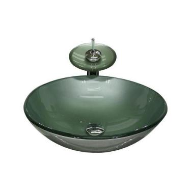 Imagem de Cuba Vidro Redonda 35Cm Prata + Válvula + Torneira Cascata - Cubas E G