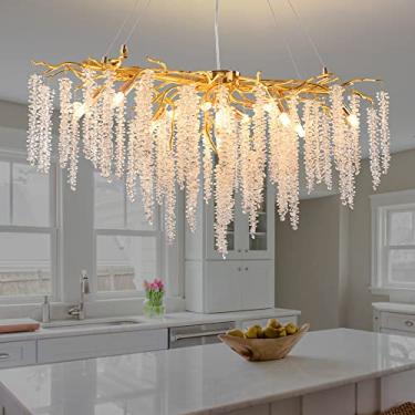 Imagem de Upfelw Lustre moderno de galho de árvore de cristal, pingente de suspensão interno Art Déco dourado linear para sala de jantar, cozinha, ilha, sala de estar, quarto, 13 luzes C 101 cm