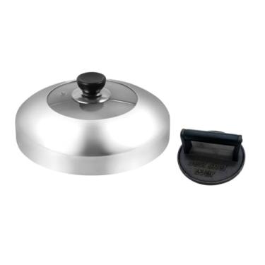 Imagem de JNXHON Prensa para churrasqueira de ferro fundido resistente de 6,5 polegadas, prensa de hambúrguer, prensa de carne, prensa de hambúrguer, prensa de chapa e cúpula de derretimento de 28 cm,