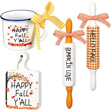 Imagem de Yookeer 4 peças bandeja em camadas decoração casa de fazenda mini placas de madeira decorações outono limão bandeja em camadas decoração pequena caneca e rolos bandeja rústica em camadas decoração loja de ação de graças cozinha doméstica (estilo outono)