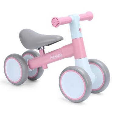 Imagem de INFANZIA Bicicleta de equilíbrio para bebês de 12 a 36 meses, para meninos e meninas, primeira bicicleta sem pedal, infantil com 4 rodas, presentes de primeiro aniversário (rosa)