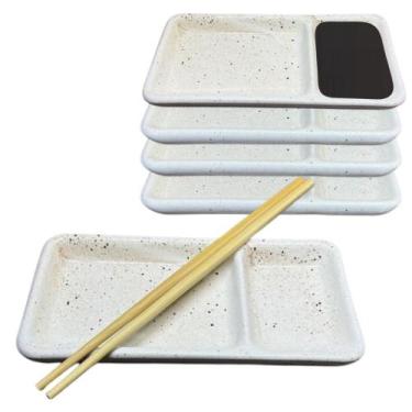 Imagem de Kit 6 Pratos Oriental Sushi com Divisória de Shoyu em Porcelana Creme 
