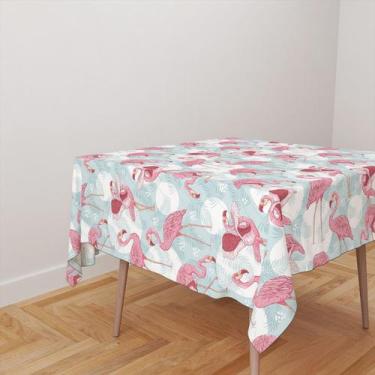 Imagem de Toalha De Mesa Quadrada 4 Lugares Tecido Oxford Azul Claro Flamingos T