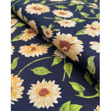 Imagem de Tecido Tricoline Estampado Girassol Fundo Marinho - 1,50m de Largura
