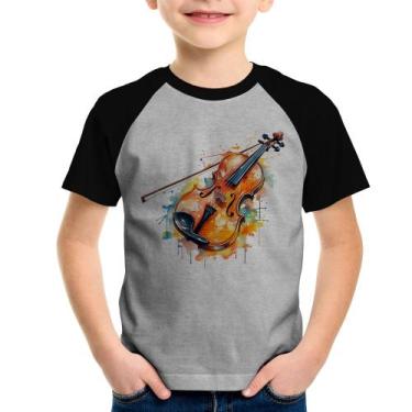 Imagem de Camiseta Raglan Infantil Violino Watercolor - Foca na Moda, Cinza, Pre