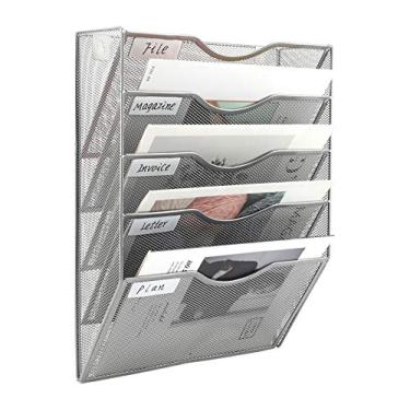 Imagem de EasyPAG Organizador de arquivos de parede pendurado, organizador de correio de parede com 5 bolsos, suporte de pasta de documentos vertical com etiqueta de identificação, suporte de revistas de