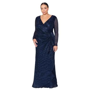 Imagem de Betsy & Adam Vestido longo feminino plus size, manga transparente, decote em V, galáxia com babados laterais, Azul-marinho/Royal, 48