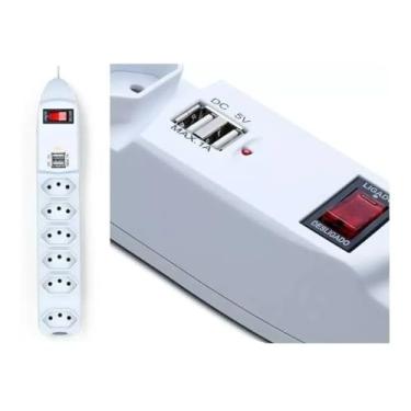 Imagem de Filtro De Linha Extensão Elétrica 6 Tomadas E 2 Portas USB Para Carregamento