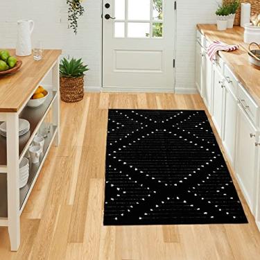 Imagem de HAOCOO Tapete de área de algodão marroquino 7,6 cm x 1,5 m feito à mão moderno tapete chique Boho borla preto e bege tapete de porta lavável à máquina para sala de estar, quarto, cozinha, banheiro