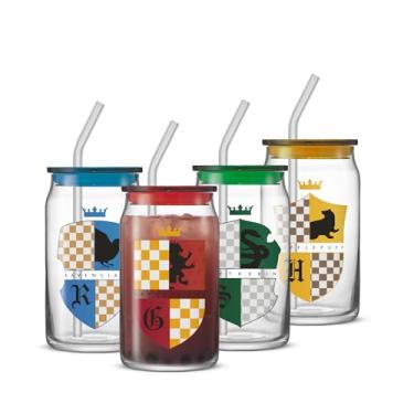 Imagem de JoyJolt Copos de Vidro Harry Potter House Crests com Tampas e Canudos, Conjunto de 4 Copos de 473 ml, Grifinória, Sonserina, Lufa-Lufa, Corvinal