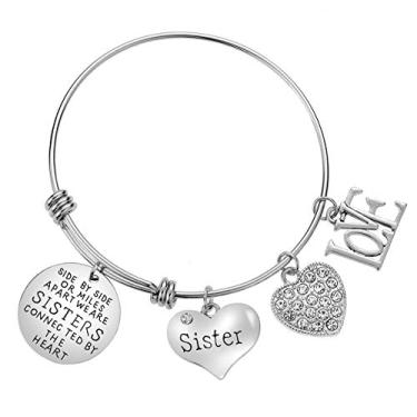 Imagem de Lcbulu Pulseira Sister Gifts from Sisters - Side by Side or Miles Apart We are Sisters Connected by The Heart Pulseiras para Sister, Large, Metal, Sem Pedra Preciosa