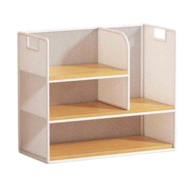 Imagem de Suporte para livros Estante de malha de ferro de mesa aberta, com divisórias de madeira, prateleira de armazenamento, para escritório, casa, estudo, rack de exibição Estante(L40xW16xH39 cm)