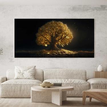 Imagem de Quadro Decorativo para Sala Quarto Hall 100x50 Arvore Dourada Horizontal Grande Decoração Parede Tela