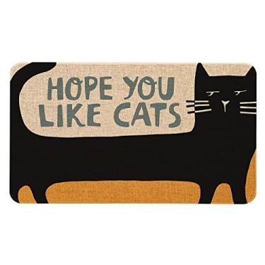 Imagem de Roszwtit Tapete de porta frontal de gato 76,2 x 43,8 cm preto capacho de gato para ambientes internos e externos engraçado tapete de borracha antiderrapante espero que você goste de gatos tapetes de boas-vindas