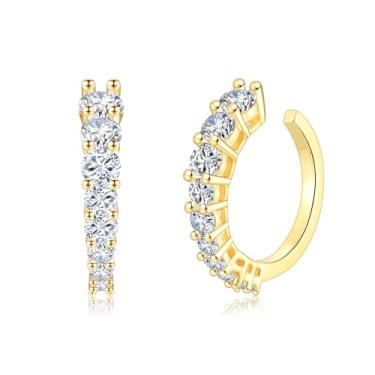 Imagem de CERSLIMO Brincos de orelha para mulheres, banhado a ouro 14 K, três fileiras, zircônia cúbica de diamante falso, brincos de argola de cartilagem com clipe de prata, Latão, Zircônia cúbica