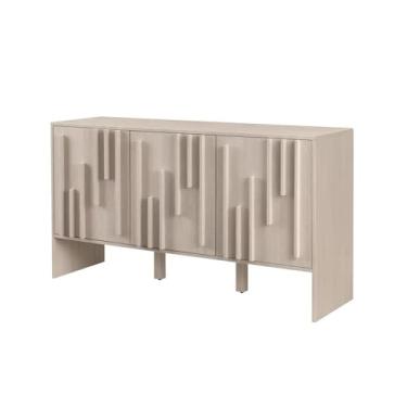 Imagem de LICONG-2020 Aparador lateral contemporâneo com detalhes verticais com portas e prateleiras para cozinha, armário de armazenamento Accent Credenza para sala de estar/jantar, quarto, armário de canto de