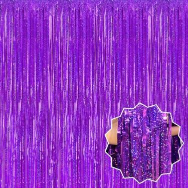 Imagem de Pacote com 3 cortinas com franja roxa de 8,28 x 2,5 m, pano de fundo metálico para cabine de fotos, aniversário, formatura, despedida de solteira, evento de celebração, decoração de festa