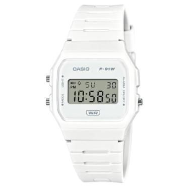 Imagem de Casio Série F-91WB | Relógio digital masculino | Branco | Pulseira de resina de base biológica | Luz de fundo LED | Cronômetro | Alarme diário | Calendário automático | Formato de hora 12/24 |