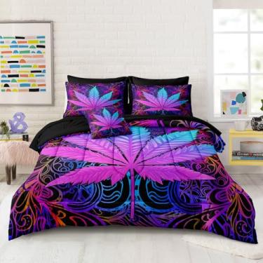 Imagem de MOVE OVER Conjunto de edredom de folhas roxas king size 8 peças de folhas roxas em uma bolsa, ultramacio, quente, preto e roxo, conjunto de cama psicodélico estilo boêmio para decoração