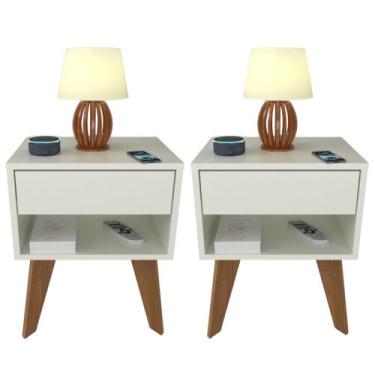 Imagem de Kit 2 Mesas de Cabeceira 1 Gaveta 40 cm MDF Branco com Pés - FJ Decor