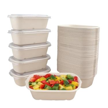 Imagem de JAYEEY Tigelas de salada descartáveis de 946 ml com tampas, tigelas de papel de fibra de açúcar para levar recipientes de alimentos para preparação de refeições, embalagem com 50