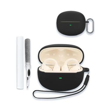 Imagem de WUNIAK Capa para fones de ouvido abertos Baseus Bowie MC1, capa protetora de silicone macio portátil resistente a arranhões com kit de limpeza, mosquetão e cordão para Baseus Bowie MC1, preta