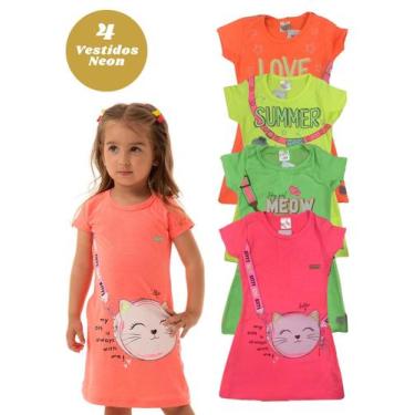 Imagem de Kit 4 Vestidos Infantil Verão Neon Menina Meia Malha Confortável Estam