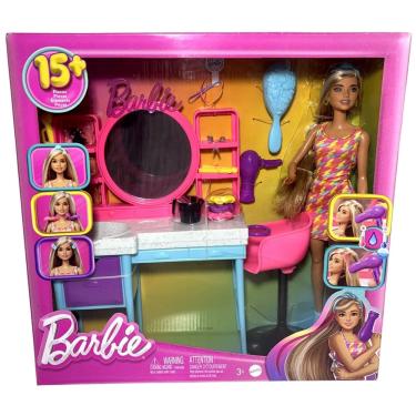 Imagem de Playset Conjunto Boneca Articulada Menina Barbie Loira Fashion Fashionista - Salão De Beleza Com Acessórios Penteadeira Escova E Secador - Cabelo Muda