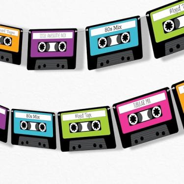 Imagem de Big Dot of Happiness Faixa retrô dos anos 80, faixa de decoração de festa totalmente dos anos 1980, 7 metros de cordão, 15 fitas cassete de papel dupla face