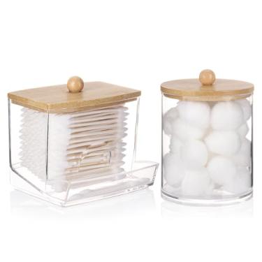 Imagem de Tbestmax Dispensador De Cotonetes, Recipiente Grande Para Bolas Algodão 10/12 Oz, Organizador Potes Plástico Botica, Discos Algodão, Palitos Fio Dental - Tampas Bambu