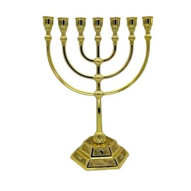 Imagem de Castiçal de Hanukkah Menorá 7 ramos, suporte de vela Jerusalém para decoração de festa de feriado judaico dourado, ornamentos de decoração de casa, mesa de centro de mesa