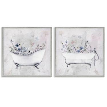 Imagem de Stupell Industries Conjunto de arte giclée emoldurado cinza de 2 peças antigas banheiras com botânica, design de Stella Chang, 61 x 61 cm