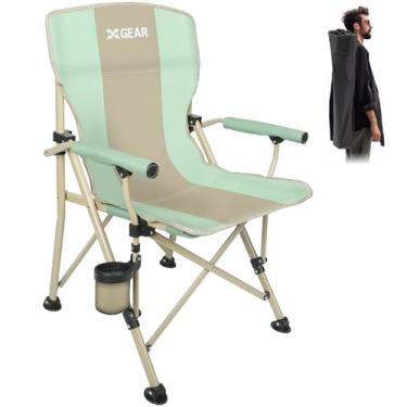 Imagem de XGEAR Cadeira de acampamento com apoio de braço rígido acolchoado, cadeira de acampamento dobrável resistente com suporte de copo, cadeira de gramado traseira W bolsa de armazenamento de malha, suporta até 181 kg (verde com cáqui)