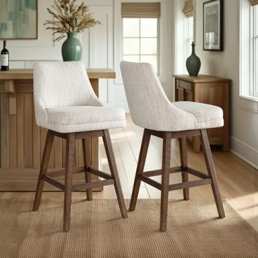 Imagem de Armen Living Banqueta giratória Branson Brown estofada de madeira maciça 76 cm com altura de barra e assento de tecido bege - Conjunto de 2