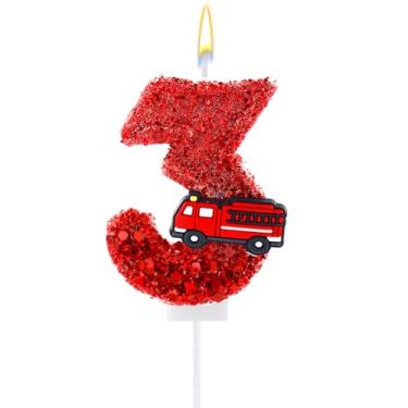 Imagem de Vela com número de aniversário, caminhão de bombeiros com lantejoulas vermelhas, vela de feliz aniversário, numeral, topo de bolo para meninos e meninas, aniversário de bombeiro, aniversário, tema de