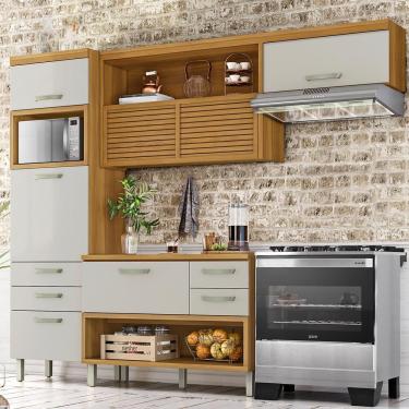 Imagem de Cozinha Compacta Nesher Princesa Com 5 Portas 5 Gavetas E 11 Prateleiras Freijó Com Off White