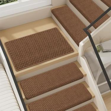 Imagem de VONDERZ Tapete de aterrissagem Bullnose para escada, descasque e cole os degraus de escada para degraus de madeira internos com adesivo antiderrapante - Padrão de treliça marrom