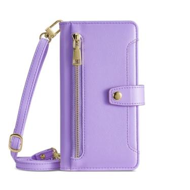 Imagem de LYJSMGZ Capa de couro transversal para iPhone 16E, alça de ombro longa, carteira flip fólio, capa de telefone TPU macio, proteção interna contra choque, roxo, 16E