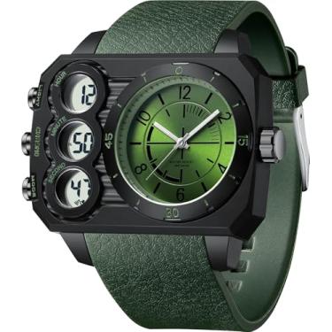 Imagem de findtime Relógio masculino grande, analógico, digital, exclusivo, fuso horário, esportivo, ao ar livre, quadrado, grande, alarme, cronômetro, contagem regressiva, LED, luminoso, relojes para hombres