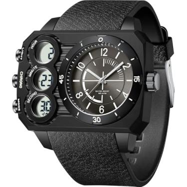 Imagem de findtime Relógio masculino grande, analógico, digital, exclusivo, fuso horário, esportivo, ao ar livre, quadrado, grande, alarme, cronômetro, contagem regressiva, LED, luminoso, relojes para hombres