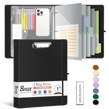 Imagem de Fichário de 3 anéis, fichário de couro de 2,5 cm com pranchetas, divisórias de bolsos de 5 abas, 18 divisores stikers, pasta de plástico, suporte de caneta, fichário de três anéis com suporte de