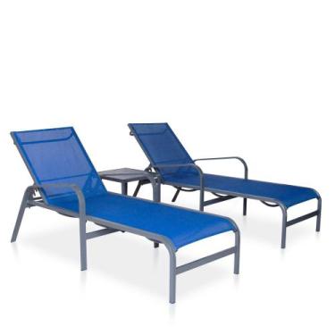 Imagem de Kit 2 Espreguiçadeiras com Mesinha Grátis Linha Leve - Grafite/Azul Ma